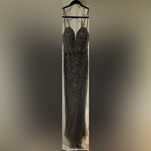 Tiffany Designs Gunmetal Gray and Silver Beaded Gown NWT